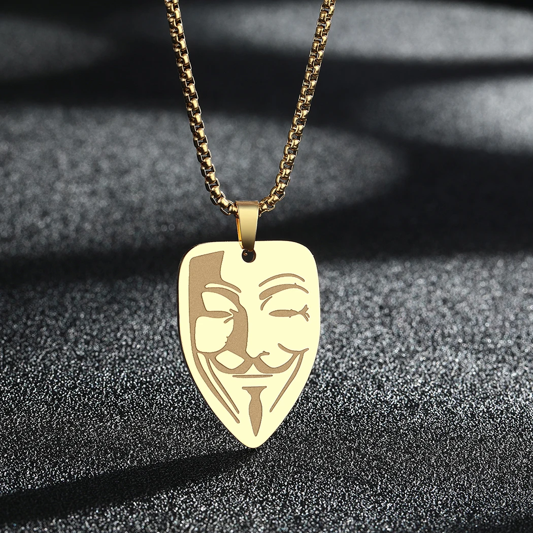 CHENGXU Vintage Guy Fawkes Mask Pendant Necklace for Men Women Anonymous Pendant V for Vendetta Charm Choker Chain Jewelry Gifts