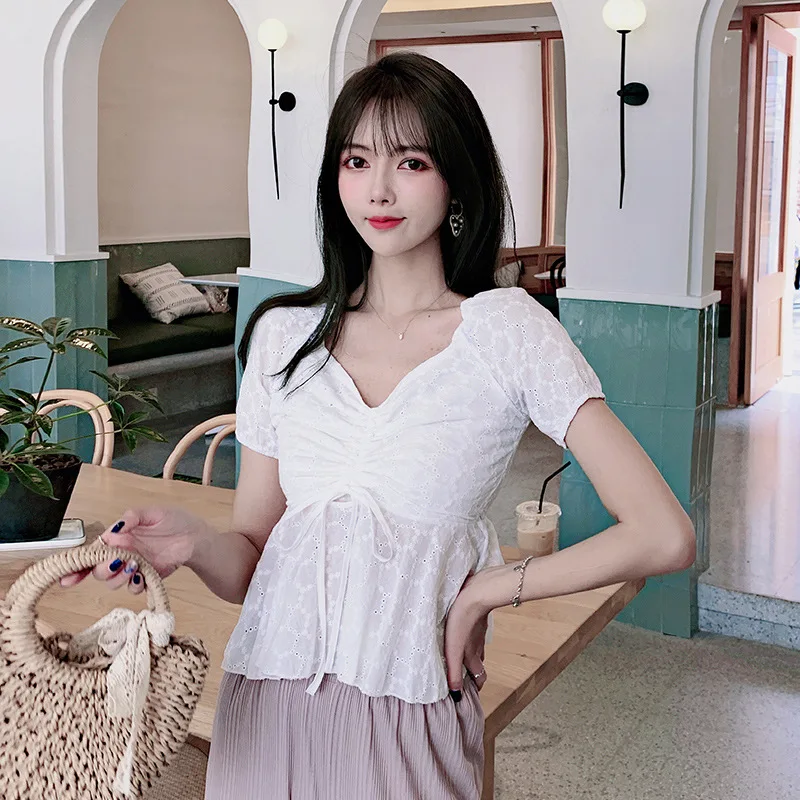 

Women's Stylish Tops Solid V-Neck Hollow Out Short Sleeves Lace Up Waist Dobby Tops Double Side Two Ways for Wear Spring 2021