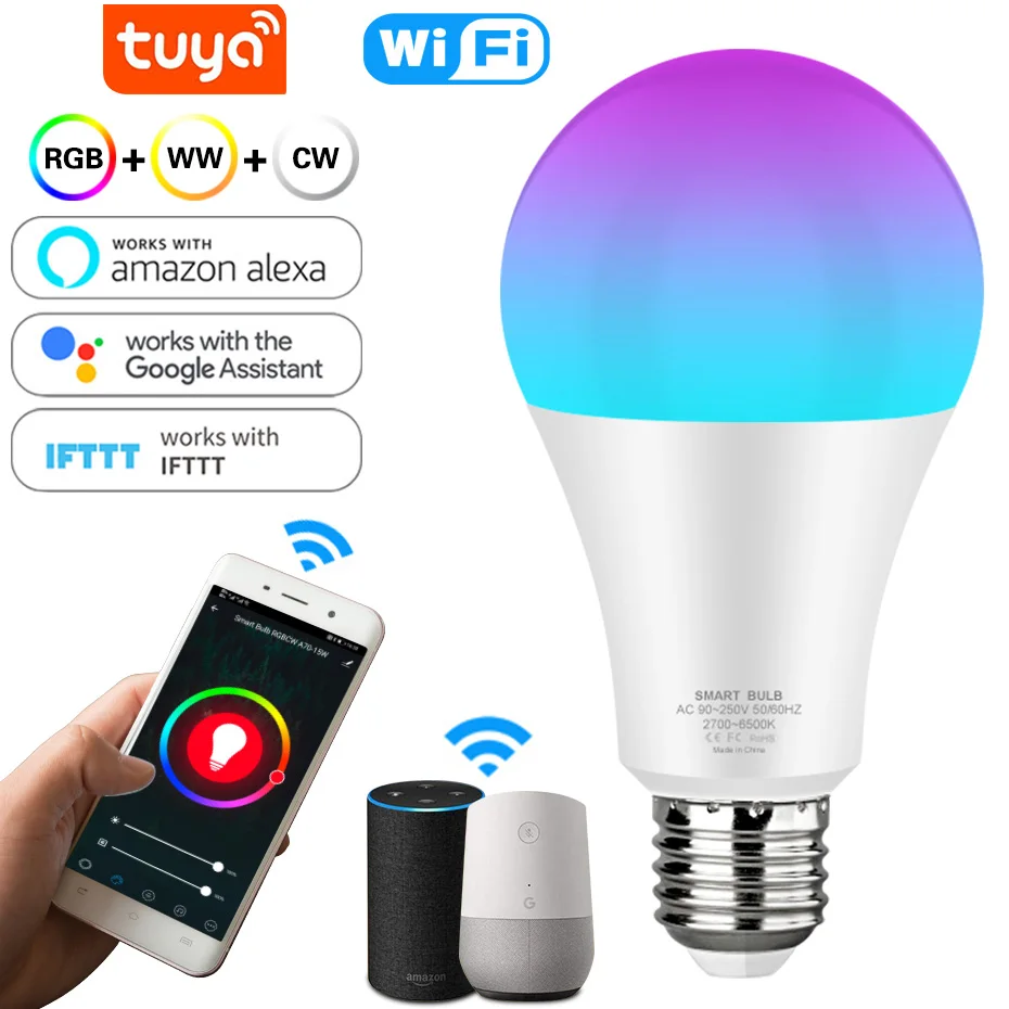 Tuya LED Smart Light Bulb 12W 15W Wifi RGB Lamp Color Dimmable E27 LED Bulb Smart Life APP Voice Control with Alexa Google Home