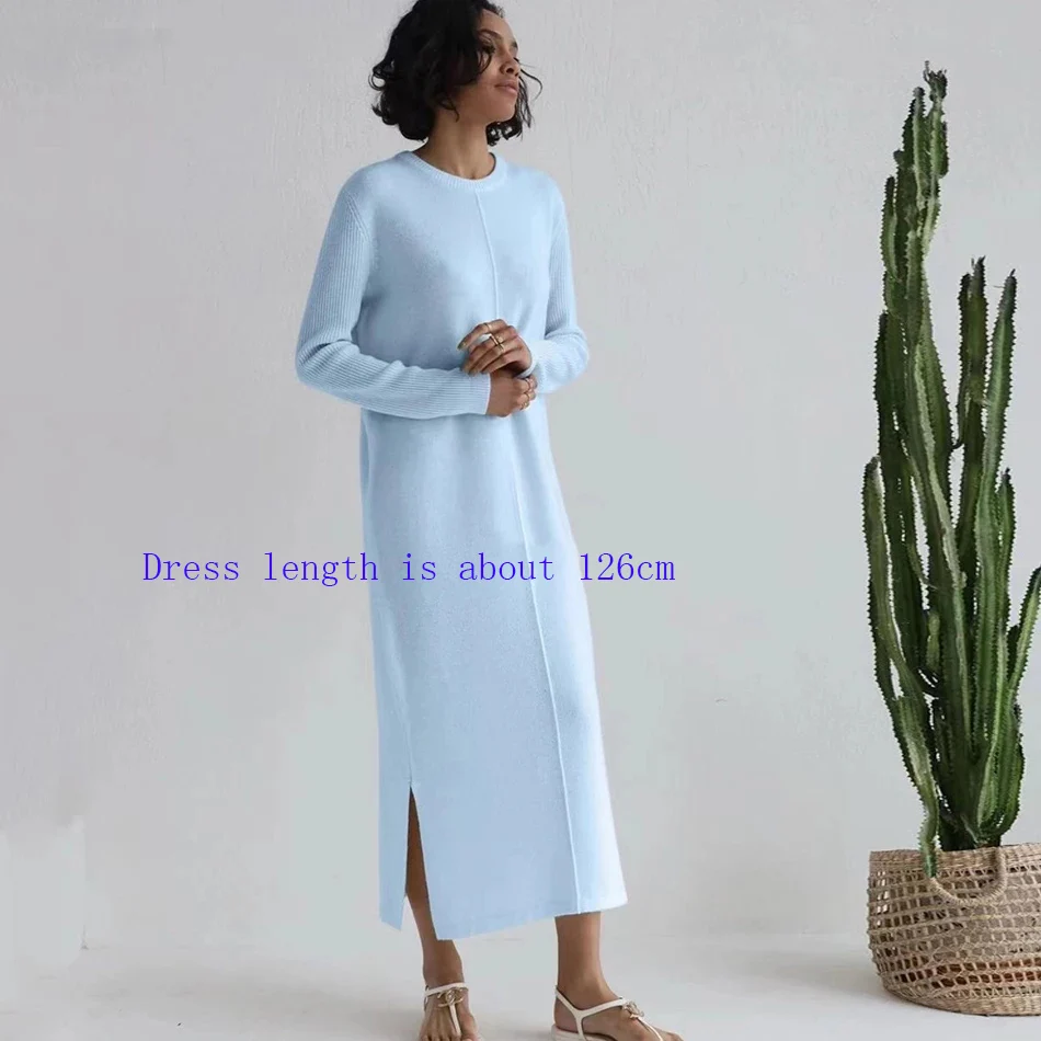 Free Shipping Casual Midi Knit Dress Women\'s O-neck Long Sleeve Split Straight Dresses 2023 New Autumn Pure Color Knit Vestidos