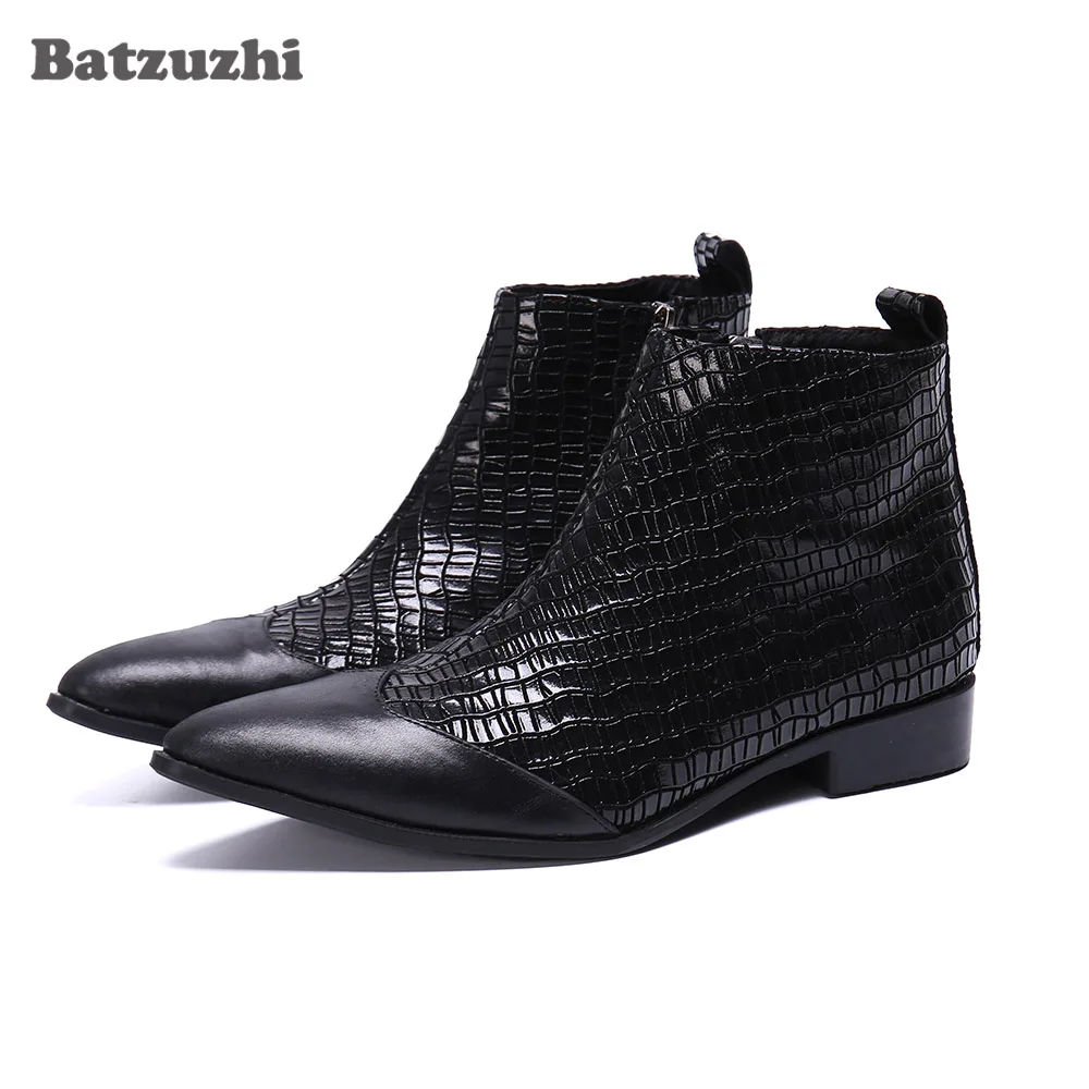 

Batzuzhi New Fashion Men Boots Pointed Toe Black Leather Boots Men Zip Black Business Dress Boots Gentlemen botas hombre! US12