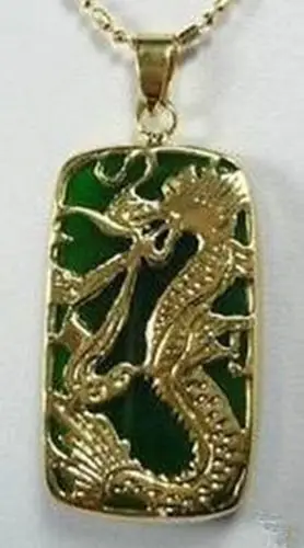 

Beautiful 14k GP green jade dragon pendent Necklace