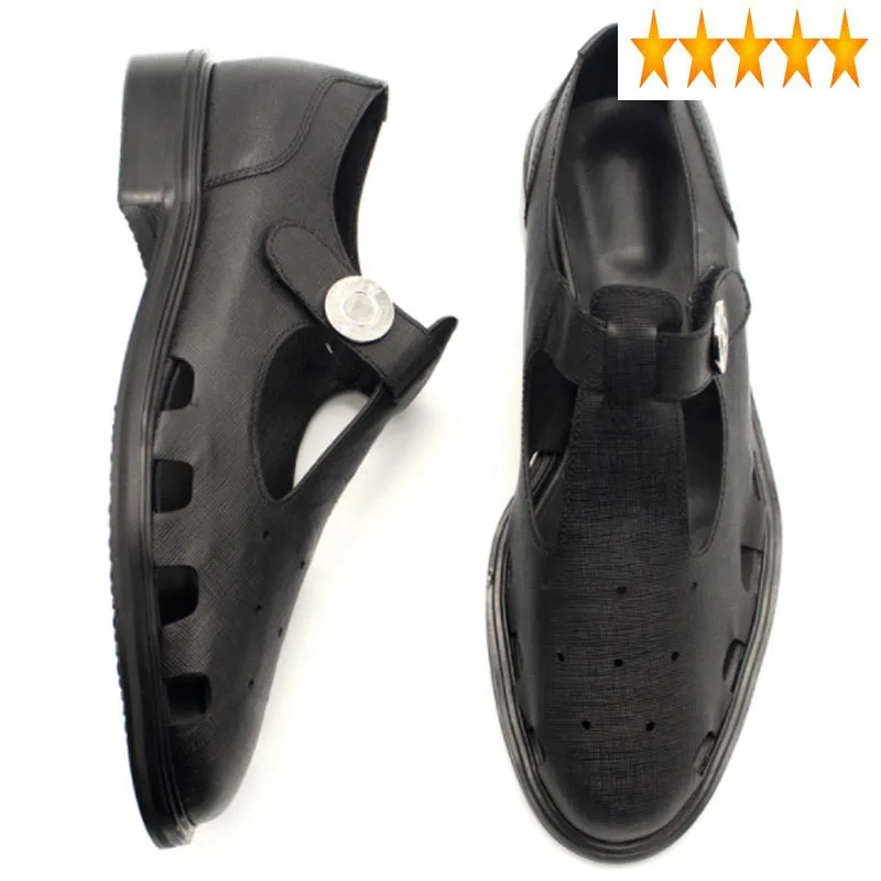 T 2021 Retro New Mens Style Buckle Summer Sandals Top Quality Genuine Leather Runway Block Heels Hollow Out Dress Shoes