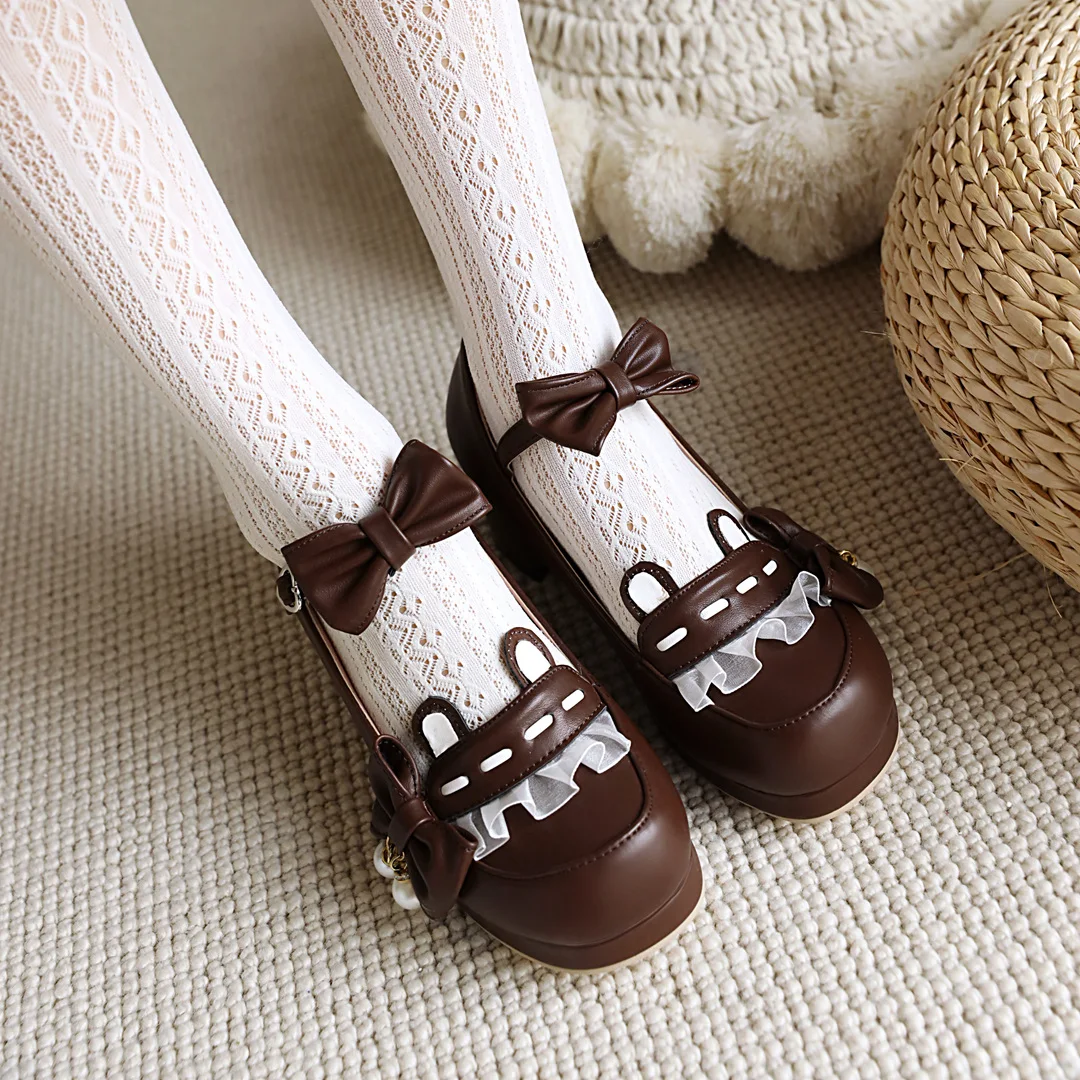 Japanese Style Sweet Bow Lace Princess Lolita Shoes Lace-up Med Heel Buckle Strap Thick Platform Pumps with Cute Ears Pearl 2021