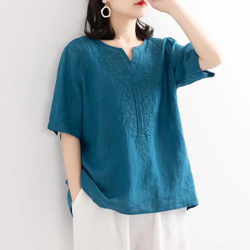 Ethnic Embroidery Blouse Women Cotton Linen Shirt Tunics Short Sleeve Casual Ladies Tops V Neck Basic Tee Elegant Solid Color