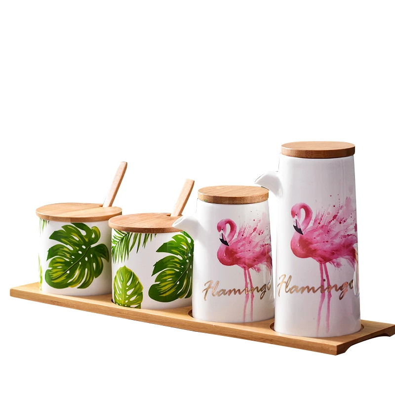 Ceramic Seasoning Pot Set Nordic Flamingo Kitchen Ware Set Sugar Salt Storage with Bamboo Spoon and Tray