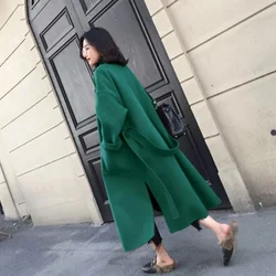 Long Autumn And Winter New Fashion Woolen Overcoat Loose Popular Women's Cotton Long Wool Coat Female Belt Green
