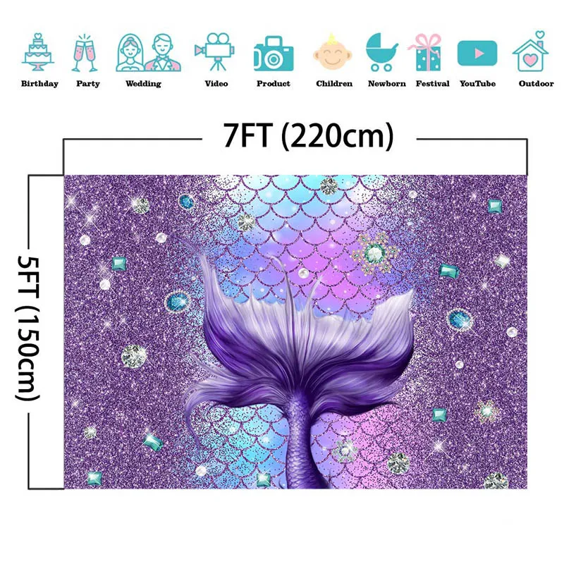 보라색 인어 꼬리 사진 배경 플래시 Bokeh 보석 소녀 1 생일 파티 사진 배경 장식 용품 Photocall