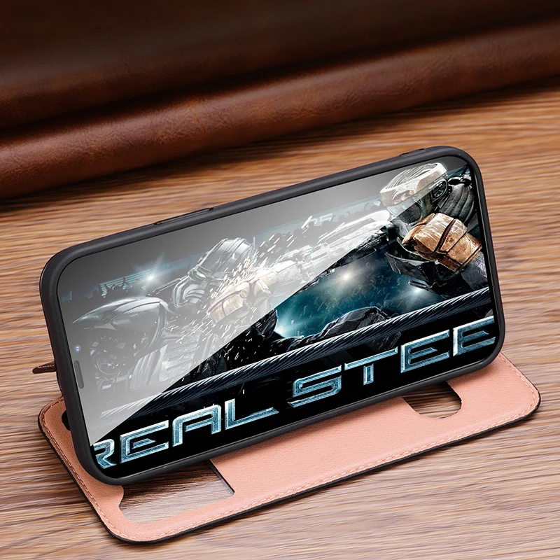 Smart View Window Flip Case for iPhone 16 15 14 13 12 11 Pro Max XR XS Plus Case Magnet Genuine Leather Free Answer Holder Cover