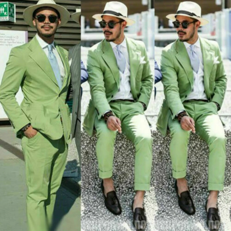 Green Men Suits Slim Fit Two Button Peaked Lapel Groom Wedding Wear Beach Casual Party Prom Tuxedos(Jacket+Pants)