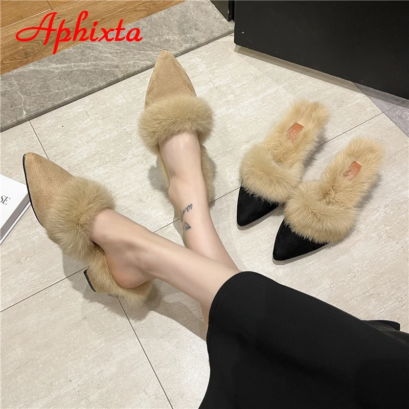 Aphixta Warm Real Rabbit Hair Slippers Women Shoes Winter Pointed Toe Luxury Real Fur Square Heel Lady Mujer Indoor Slides