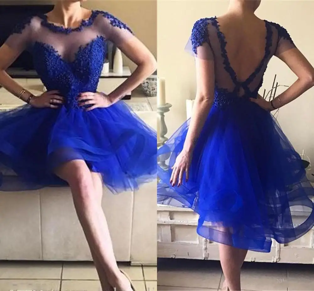 2025 Hot Sheer Jewel Neck Royal Blue Homecoming Dresses Short Sleeves Appliques A Line V Cut Backless Cocktail Party Gowns