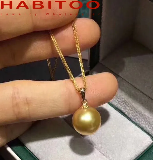 HABITOO Solid 18k Gold Round 12-13mm Natural Freshwater Pearl Pendant Necklace  Elegant Wedding Jewelry Party Gift