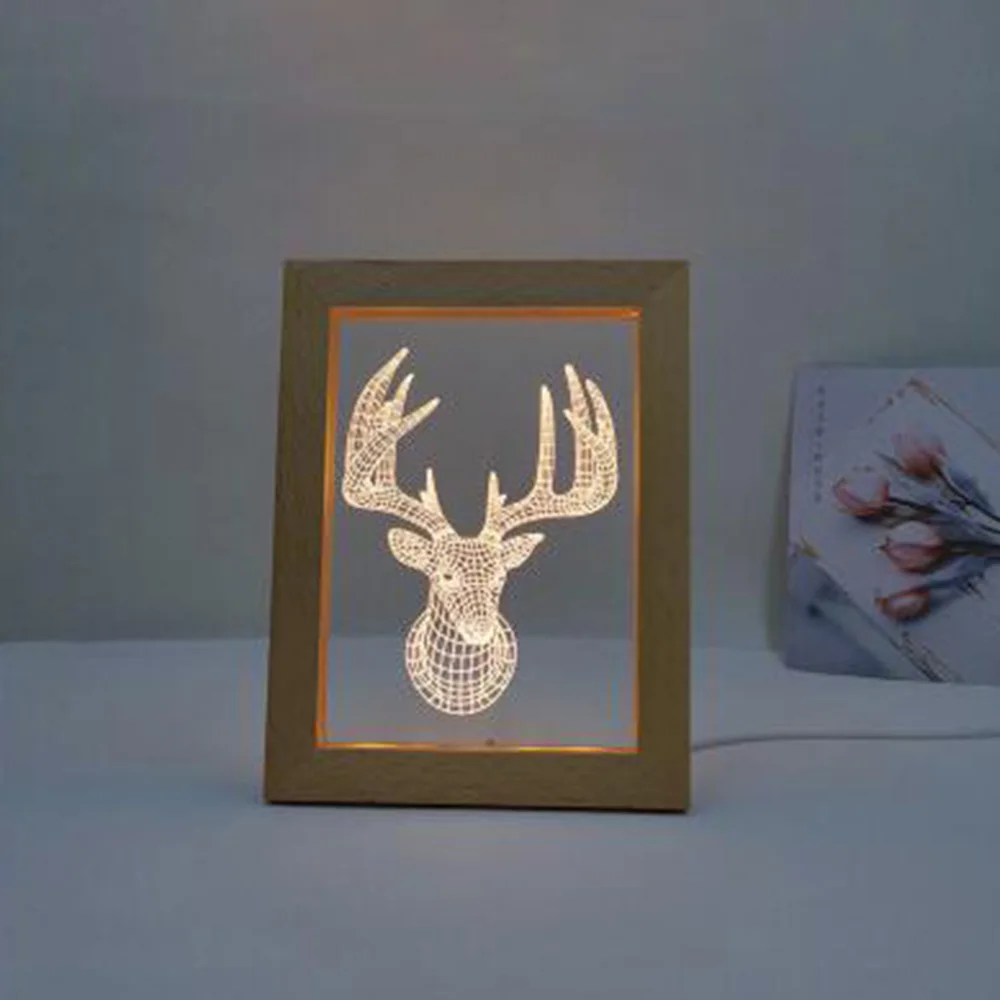 Creative DIY Wooden Photo Frame LED Night Light 3D Carving Beech Luminous Acrylic Crystal Decoration Customization LED 09