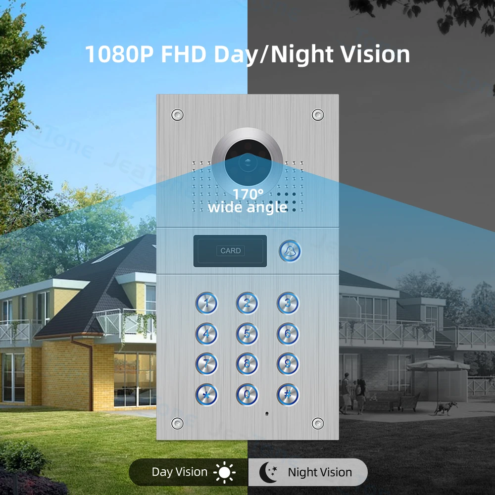Jeatone 7 Zoll 170 ° breite vsion Video-Gegensprechanlage mit Türeingangscode-Tor fhd 1080p Kamera für Wohnung Edelstahl Call Panel