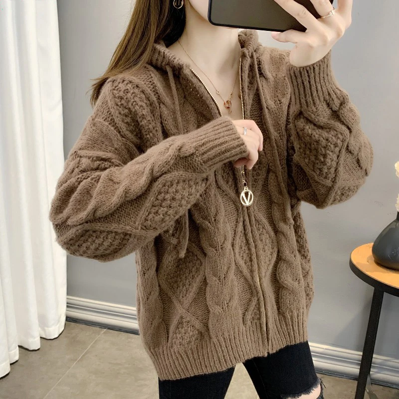 Women Autumn Winter Knitted Cardigan Coat Casual Hooded Twist Sweater Vintage Long Sleeve Crochet Outerwear Female Plus Size2022