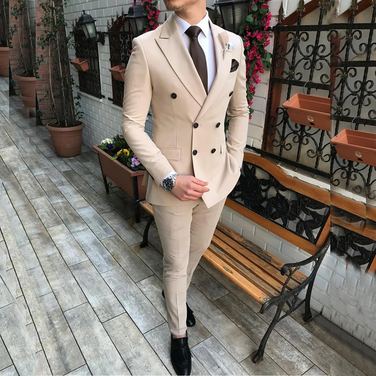 2020 New Beige Men\'s Suit 2 Pieces Double-breasted Notch Lapel Flat Slim Fit Casual Royal Blue Tuxedos For Wedding(Blazer+Pants)