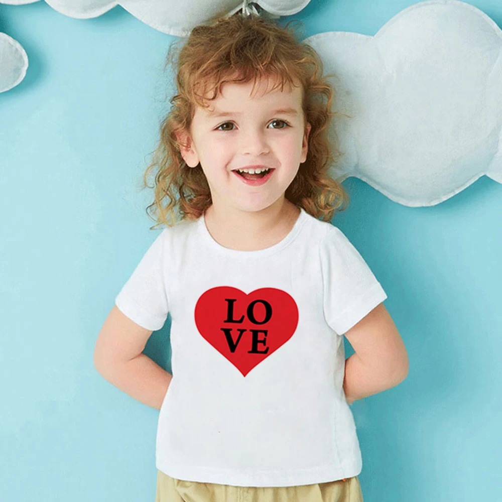 Cute Love Print Girl Birthday Shirt Pure White Short Sleeve O-neck Children Casual Tee Girls Clothes