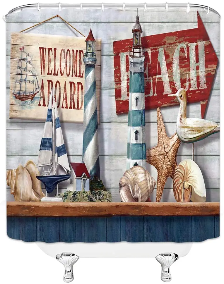 Marine Theme Design On Rustic Wooden Board Beach Ocean Shell Lighthouse Sailboat Summer Conch Starfish Seagull Shower Curtain