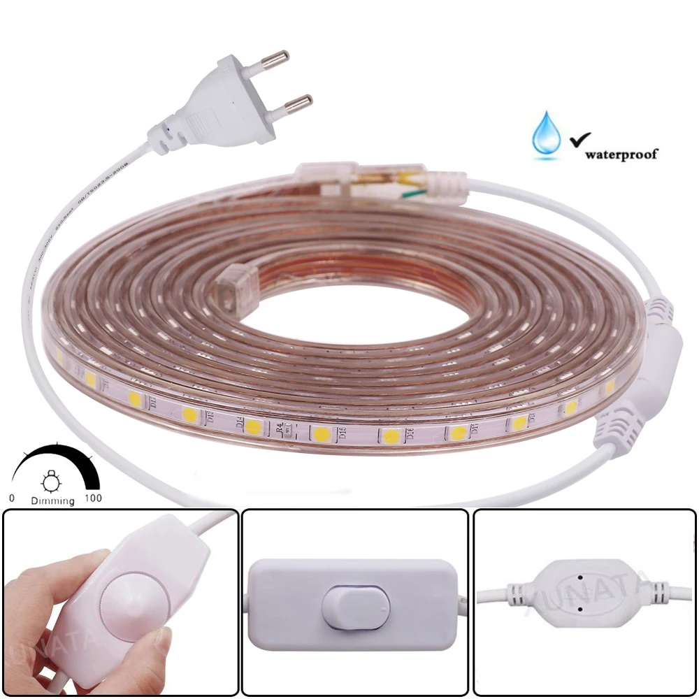 5050 LED Strip Lighting 220V EU Dimmer Switch 60LEDs/m Waterproof Ribbon Tape Flexible LED Light Lamp For Home Decoration