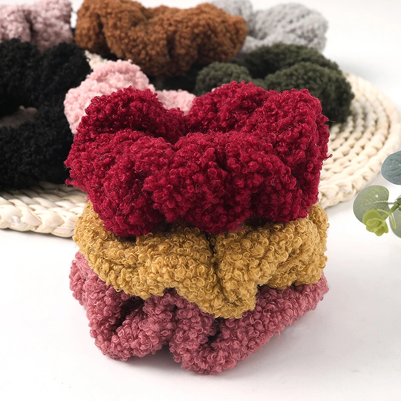 2020 New Women Cute Teddy Velvet Scrunchies Elastic Hair Band Faux Fur Hair Rope Girl\'s Hair Tie Accessories Ponytail Holder