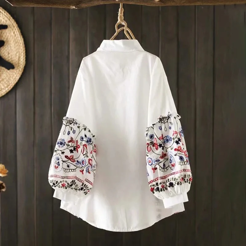 Autumn Women Floral Embroiderey Cotton White Shirt Puff Lantern Sleeve Elegant Loose Blouse Spring Office Lady Basic Tops T16401