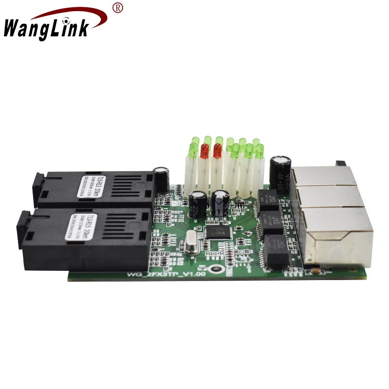Wanglink-Ethernet Fast Fiber Optic Media Converter, 10/100M, 3 RJ45 Single Mode, 2 SC Fiber PCBA