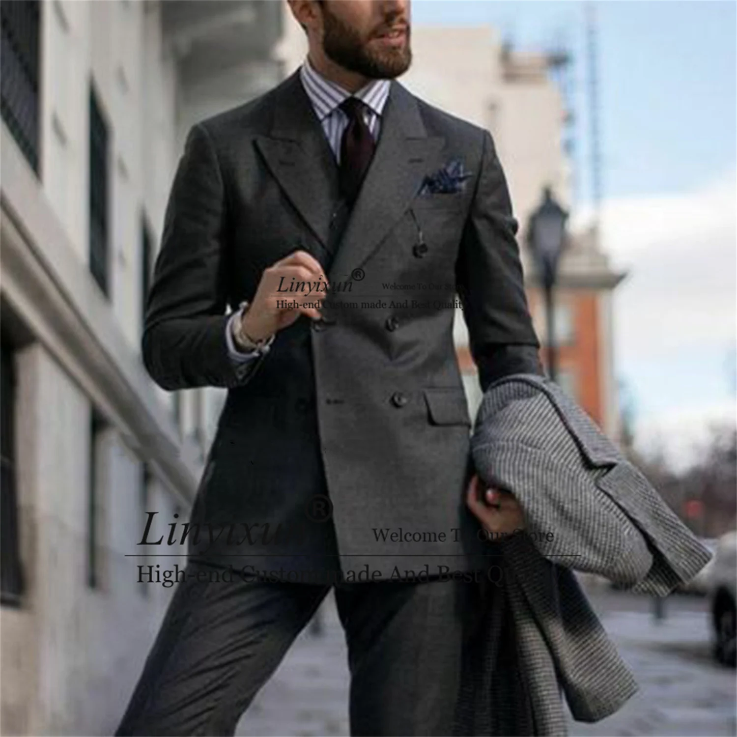 

Classic Grey Men Suits Double Brested Wedding Groom Tuxedo Business Traje Hombre 2 Pieces Set Jacket With Pants Terno Masculino