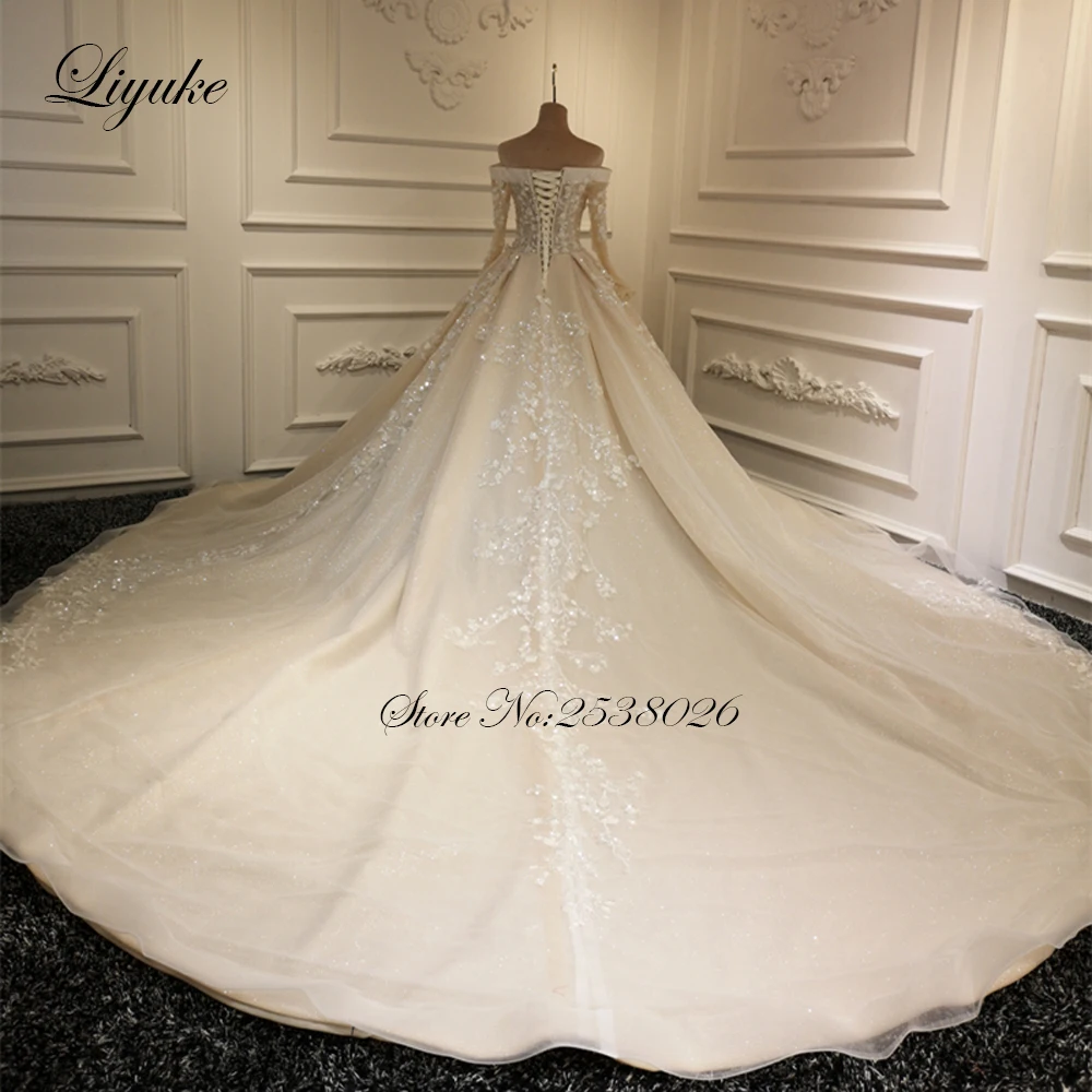 Liyuke-vestido de novia de lujo, traje brillante de una línea con tren real, hombros descubiertos, manga larga