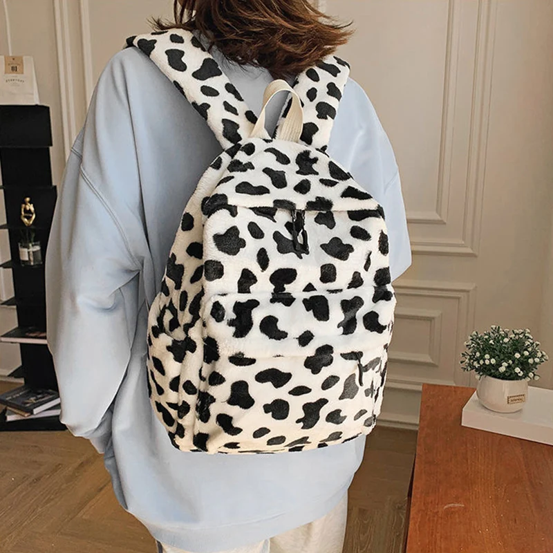 Winter Fashion Plush Backpack Shoulder Bags For Women Cute Cow Large Capacity Knapsack Student Book Bag Rucksack