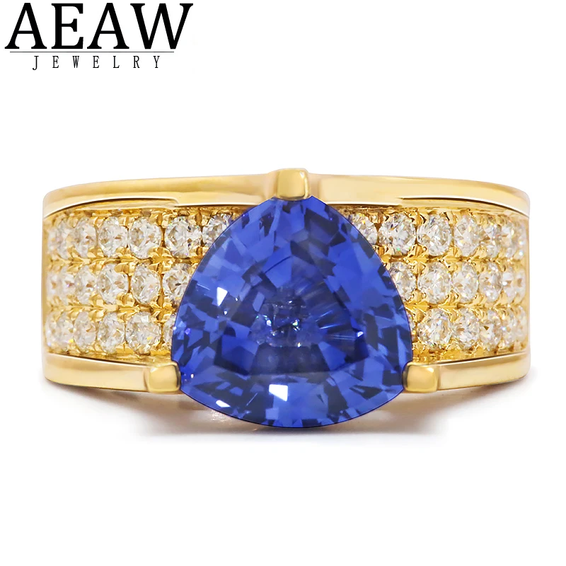 3.0carat 9x9mm Thrillion Cut Lab Created Sapphire with small Moissanite Engagement Ring Real 18k Yellow Gold for Women