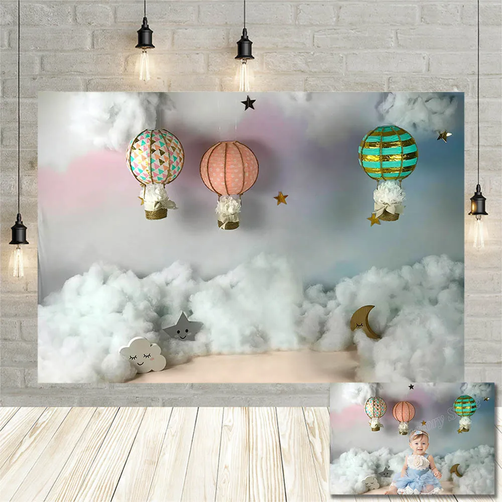 Avezano Photography Background Color Hot Air Balloon Gold Star Moon Cotton Cloud Newborn Baby Portrait Backdrop For Photo Studio