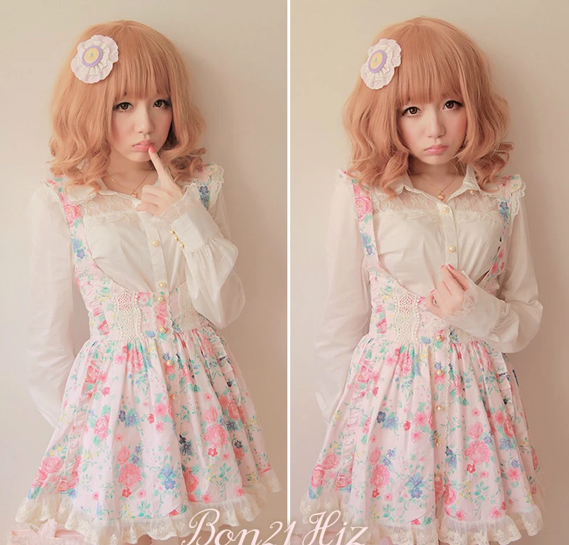 Princess sweet lolita dress Bobon21 bobon Soft amo lovely flower pink floral cotton young girl lace suspenders dress B0890