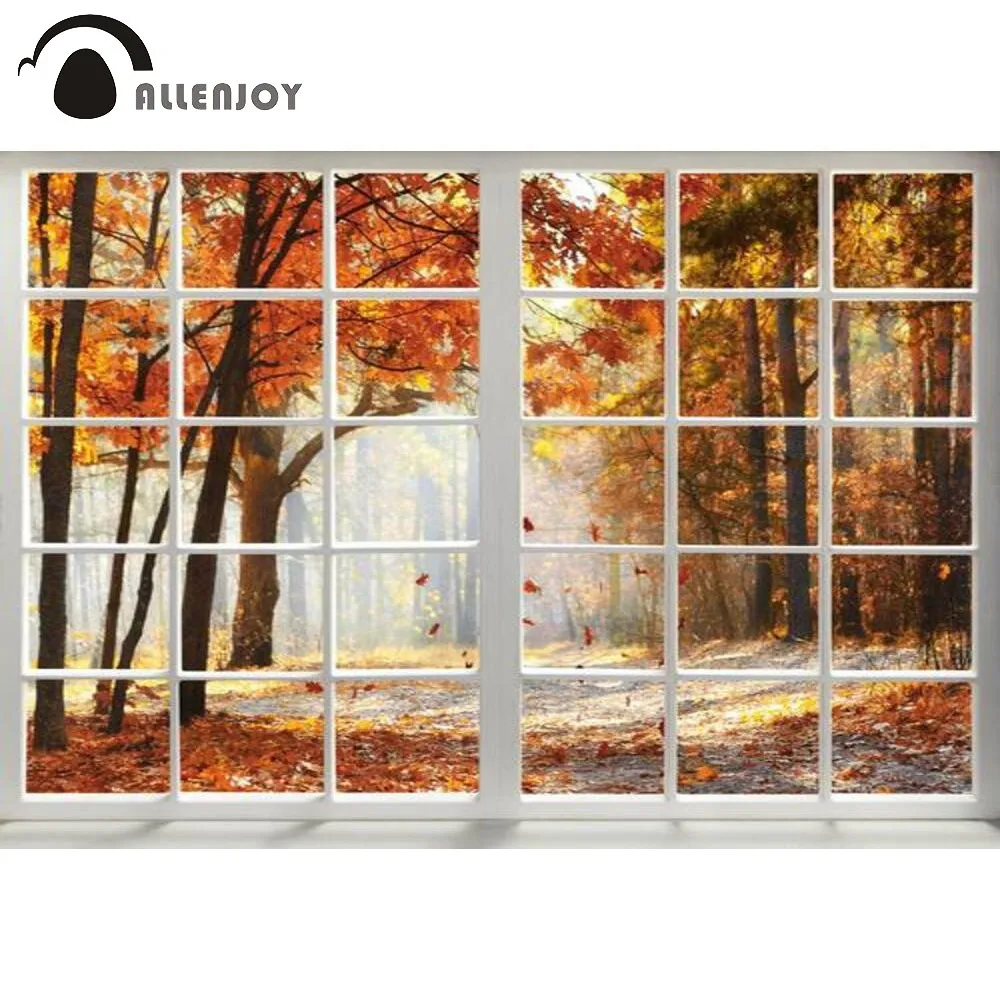 

Allenjoy Autumn Backdrop French Window Fall Maple Leaves Trees Thanksgiving Birthday Shower Party Background Photography Props