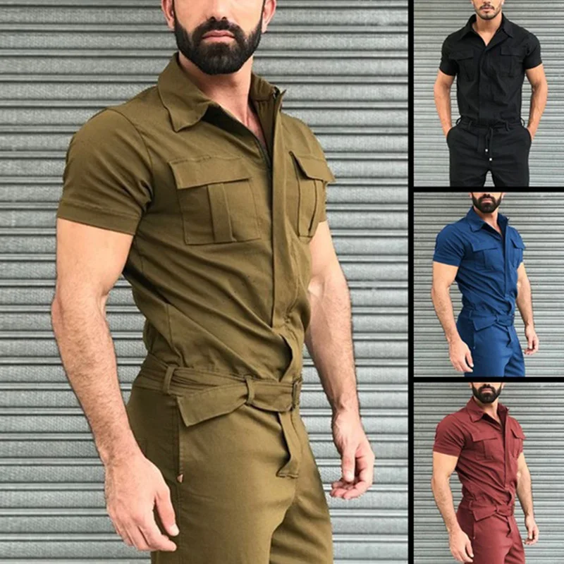 New Men Pants Casual One-piece Suit Spring Summer Men Fashion Jumpsuits Short Sleeve Belt  Men Clothing Solid Jumpsuits