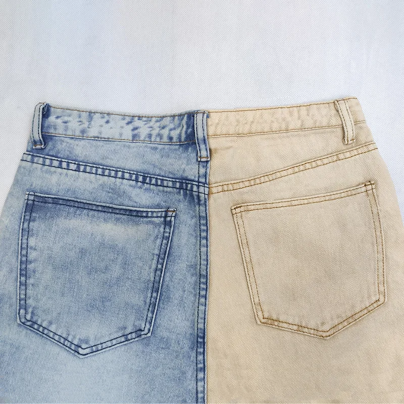 2023 New Khaki Denim Blue Personalized Color-blocking Washed Jeans Men\'s Straight Pants Zipper Tooling