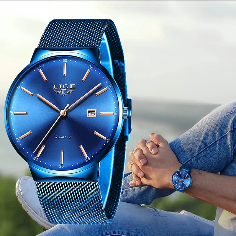 LIGE 2023 New Mens Watches Top Luxury Brand Man Fashion Blue Quartz Wrist Watch Sport Waterproof Watch For Men Relogio Masculino