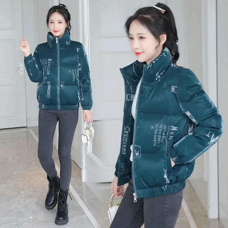 Glossy Cotton-Padded Jacket Women's Winter Coat  Parkas 2023 Fashion Print Korean Cotton Coats Female Student Casual Outerwear