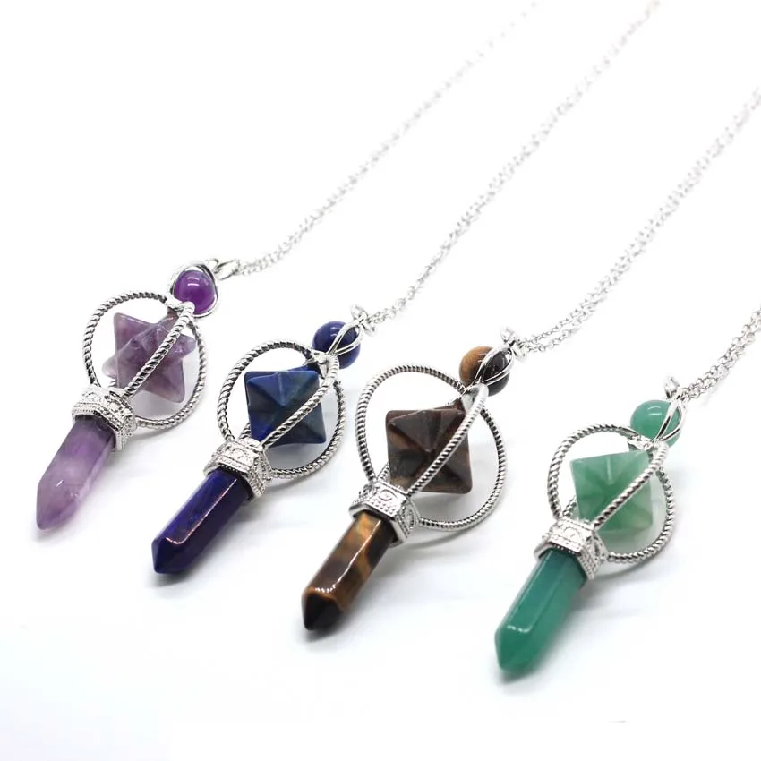 KFT Natural Stone Crystal Quartz Merkaba Meditation Chakra Sacred Reiki Hexagon Pendulum Pendant Necklace Women Men Jewelry