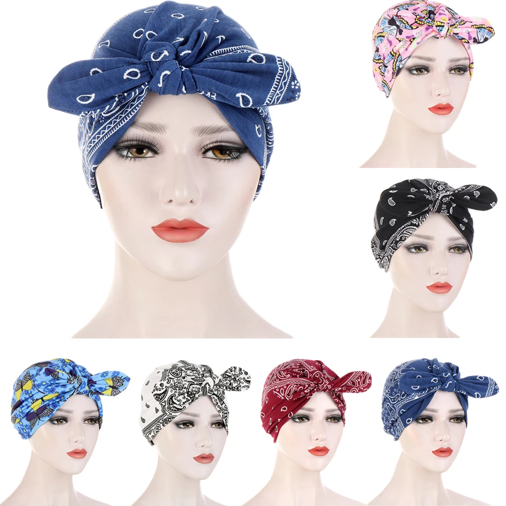 

Muslim Print Bonnet Womens Big Bowknot Stretch Hijab Turban Hat Scarf Headwear Cap Head Wrap Chemo Beanies Bows Hair Accessories