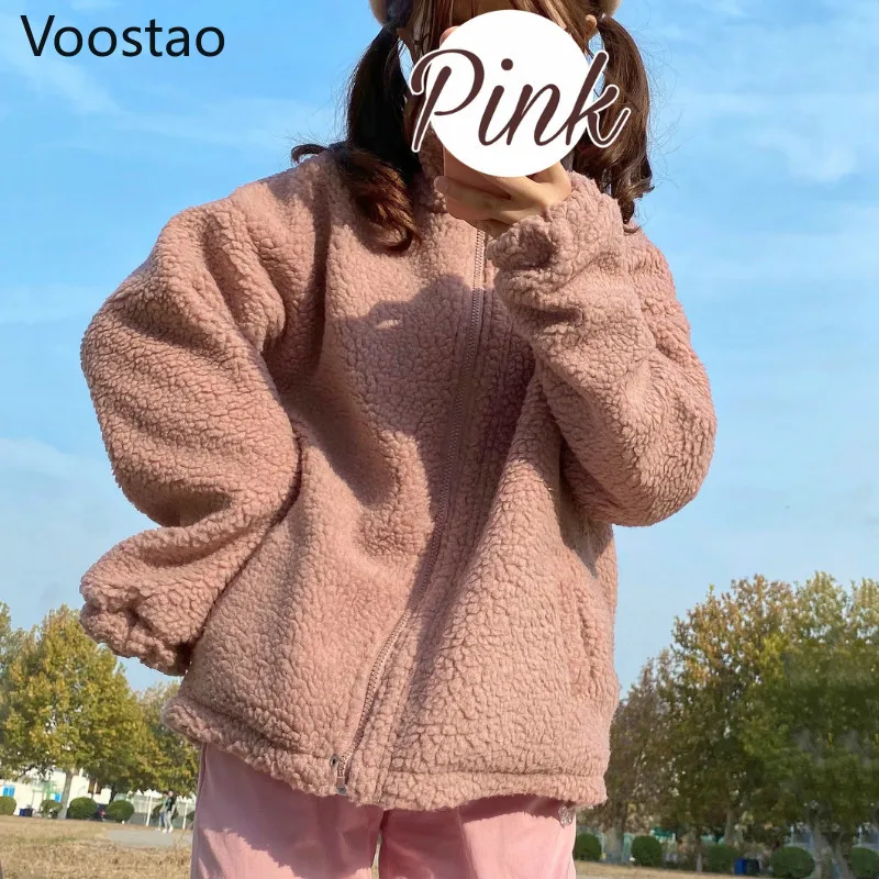 Herfst Winter Zoete Lolita Stijl Pluche Jassen Vrouwen Cute Bear Print Losse Lamswol Beide Zijde Dragen Parka Meisjes Kawaii Jk uitloper