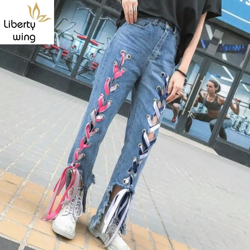 

Girls Personality Lace Up Loose Casual Denim Jeans Hole Ripped High Streetwear Fashion Designer Women Trousers Mid Waist Pants