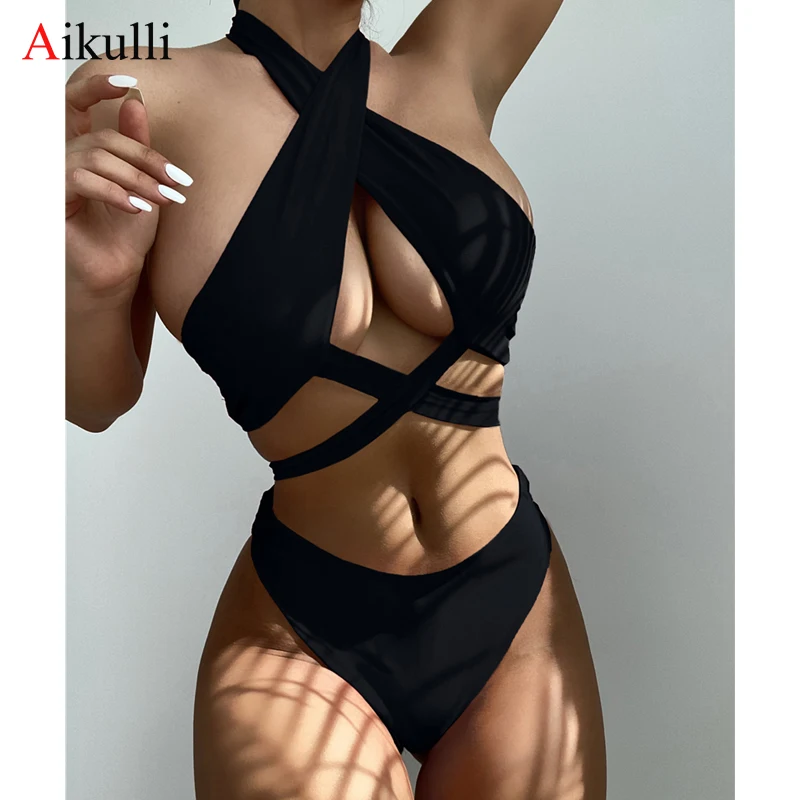 Sexy Halter Hollow Cross Bikinis Set Swimsuit Women\'s 2023 New Solid Two-Piece Swimwear Summer Beachwear Woman Bath Bathing Suit