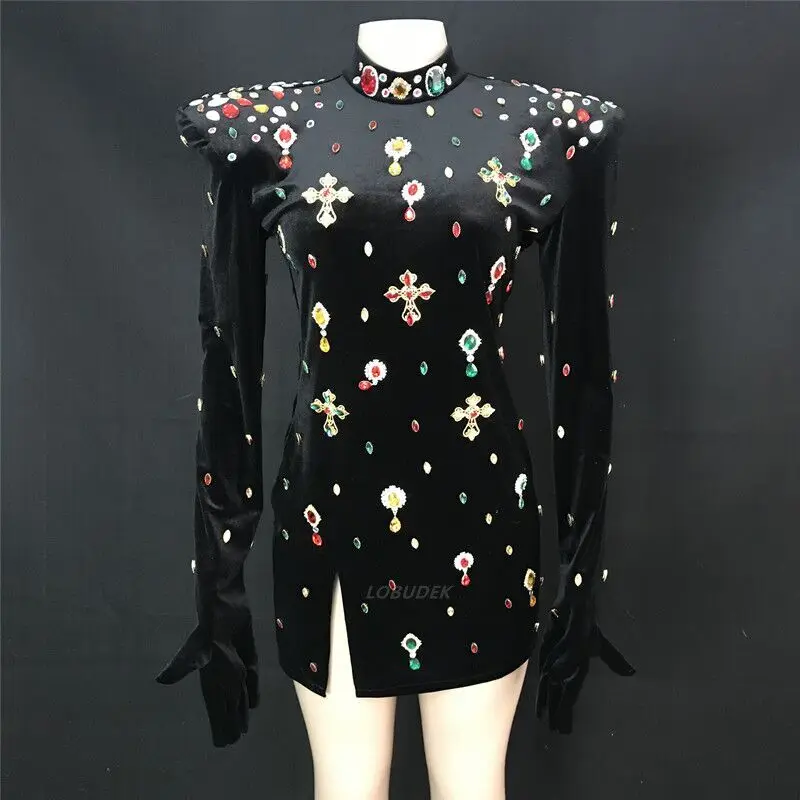 Multi-color Rhinestones Velvet Chain Mini Dress Long Sleeve With Gloves Wrap Hips Short Dresses Birthday Party Stage DS Costume