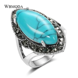 Wbmqda Big Natural Stone Women Ring Vintage Look Tibetan Silver Fashion Crystal Flower Bride Wedding Rings Ethnic Boho Jewelry