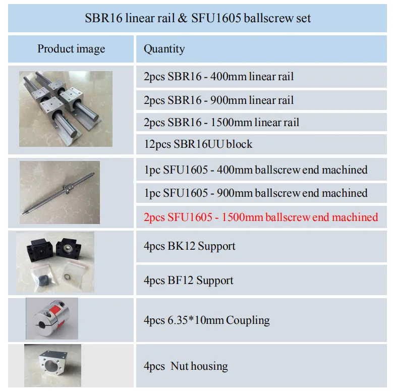 

6 set SBR16 linear rail guide + RM1605 SFU1605 ballscrew + BK12 BF12 + nut housing + Coupling for CNC parts