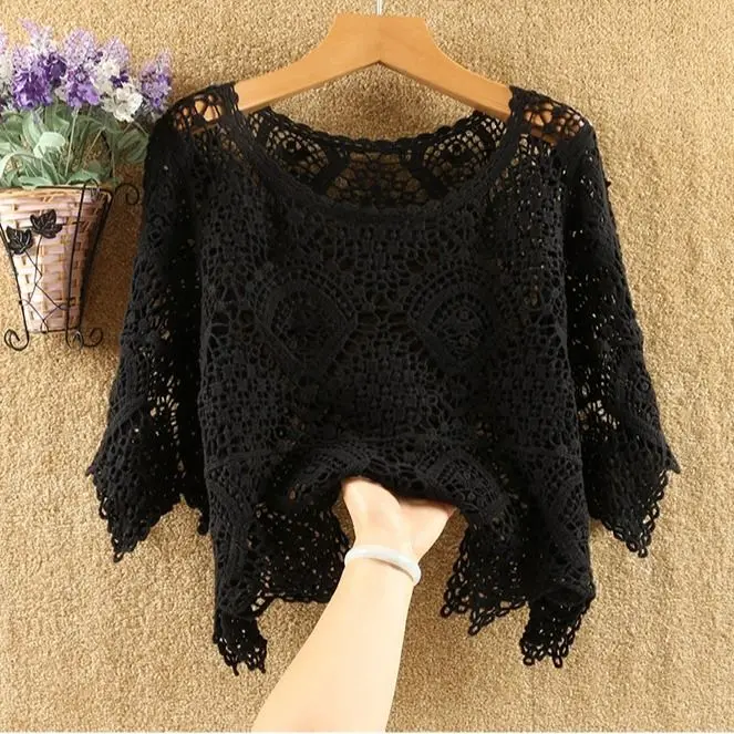 Shawl hollow knit sweater thin style literary pullover blouse women\'s air-conditioning shirt top pullover