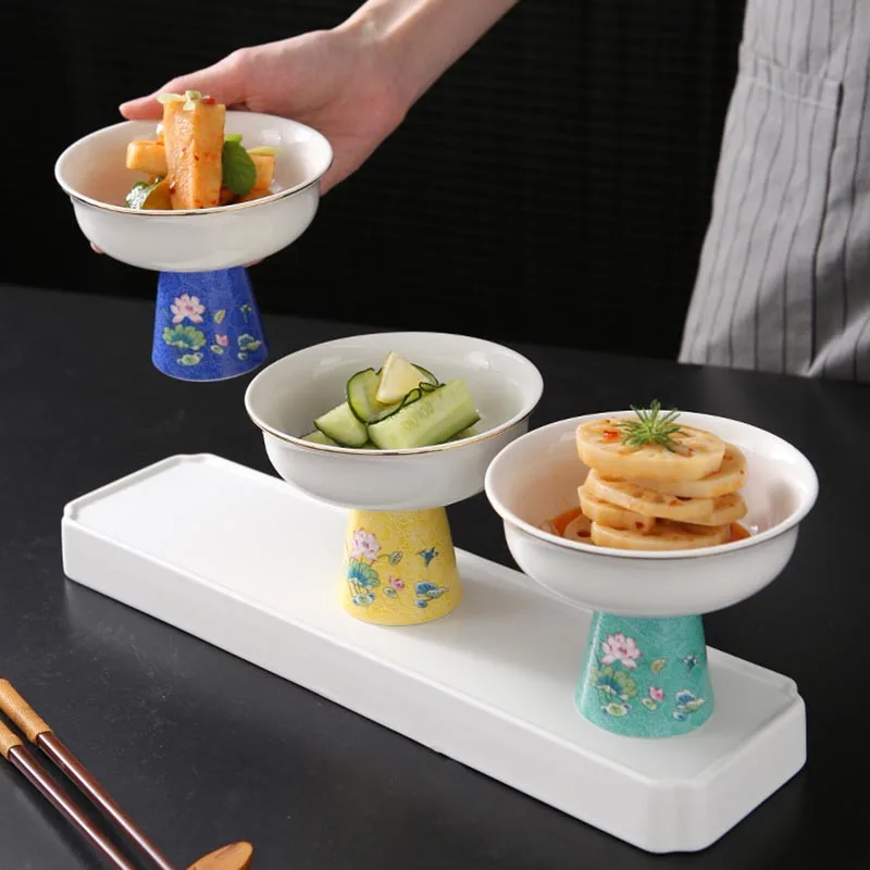 

Creative Ceramic Dessert Bowl with Tray Restaurant Hotel Household Tableware Kitchen Utensil Porcelain Bowls Lotus Pattern Bowls