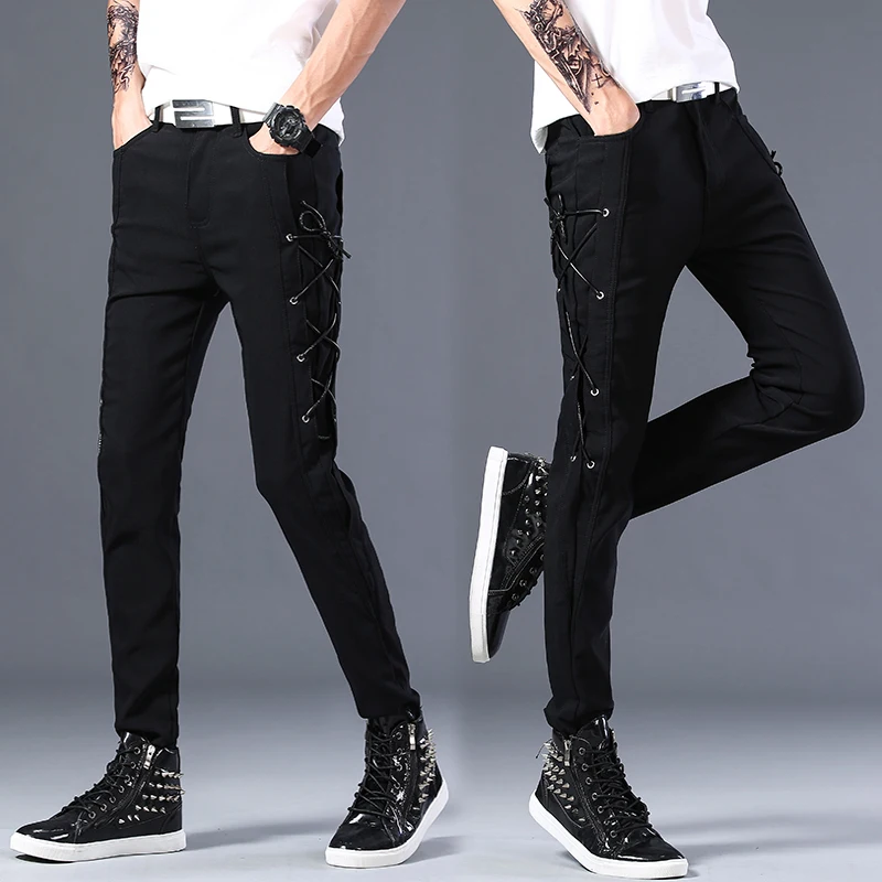 Men Black Biker Jeans Korean Fashion Slim Autumn Patchwork Zipper Hip Hop Streetwear Trousers Dance Gothic Punk Leather Pants