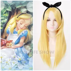 Alice in Wonderland Alice Yellow Golden Cosplay Wig Straight Long Synthetic Hair Costume Party Halloween Wigs + Free cap